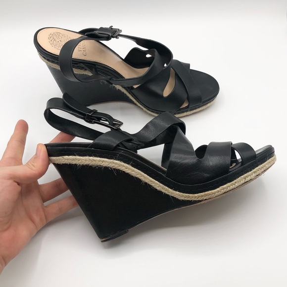 Vince Camuto Black Leather Strappy Espadrille Detail Wedge Heels Size 9.5 - Picture 4 of 8